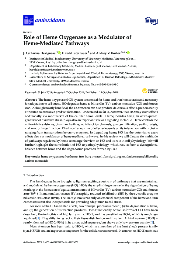 (PDF) Role of Heme Oxygenase as a Modulator of Heme-Mediated Pathways