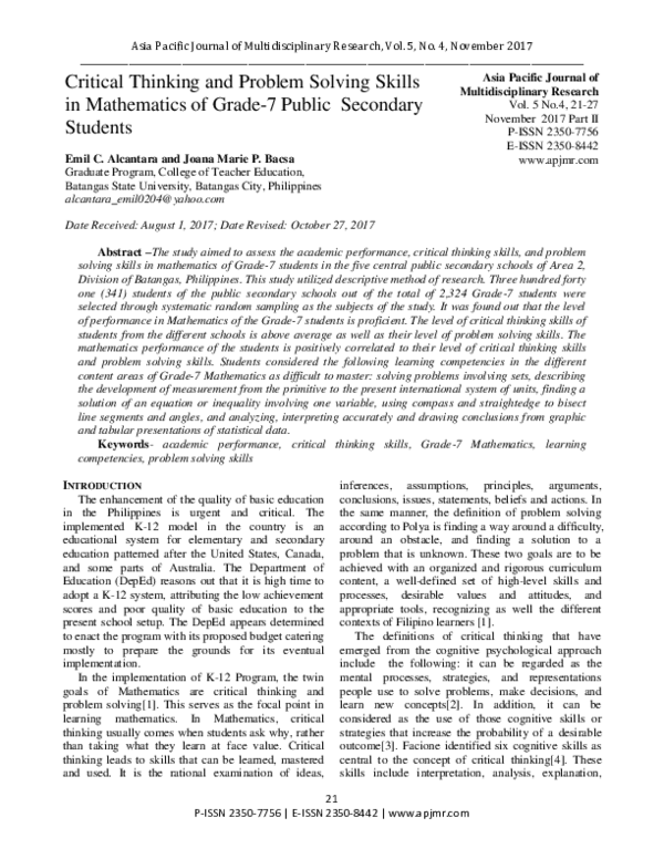 (PDF) Critical Thinking and Problem Solving Skills in Mathematics of ...
