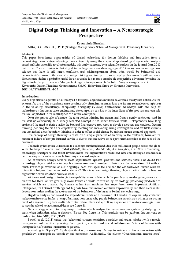 (PDF) Digital Design Thinking and Innovation – A Neurostrategic Prospective