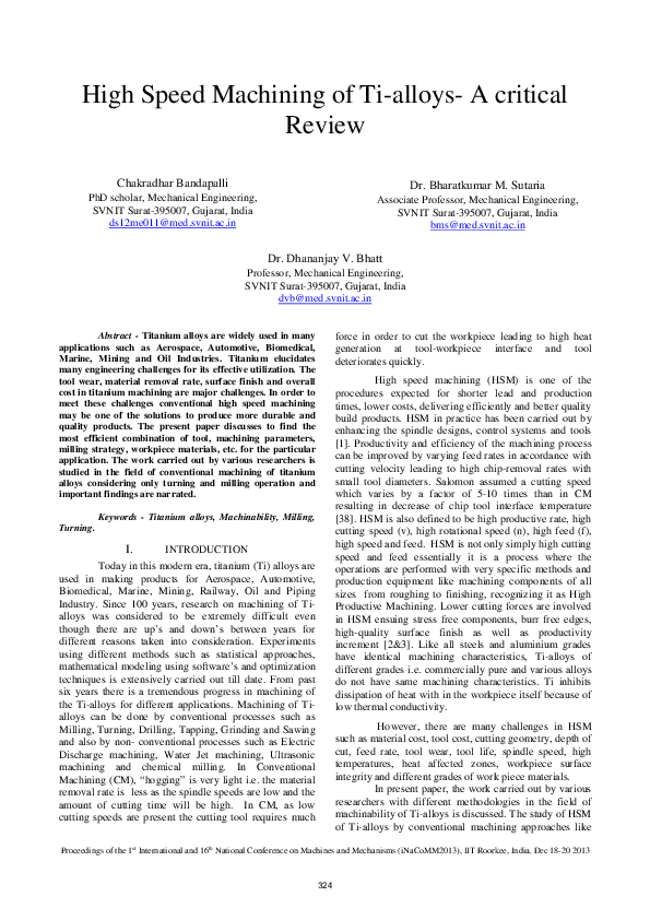 (PDF) High Speed Machining of Ti-alloys-A critical Review