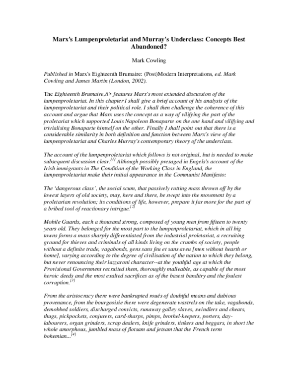 (PDF) Marx ' s Lumpenproletariat and Murray ' s Underclass : Concepts ...