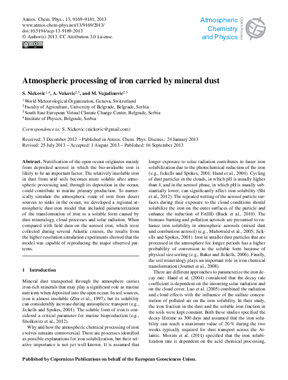 (PDF) Atmospheric processing of iron carried by mineral dust