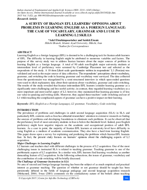 (PDF) A Survey of Iranian Efl Learners ’ Opinions About Problems in ...