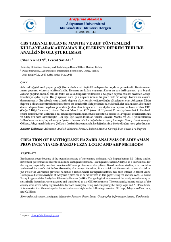 (PDF) Creation of Earthquake Hazard Analysis of Adiyaman Province via ...