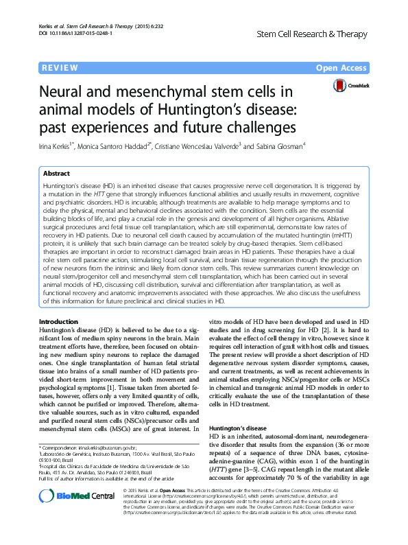 (PDF) Neural and mesenchymal stem cells in animal models of Huntington ...
