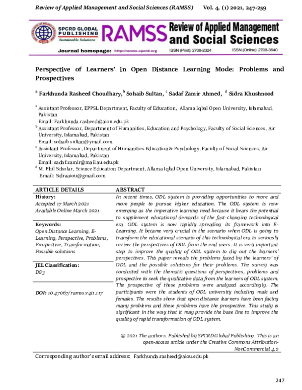 (PDF) Perspective of Learners’ in Open Distance Learning Mode: Problems ...