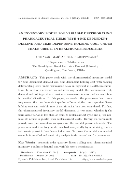 (PDF) An Inventory Model for Variable Deteriorating Pharmaceutical ...