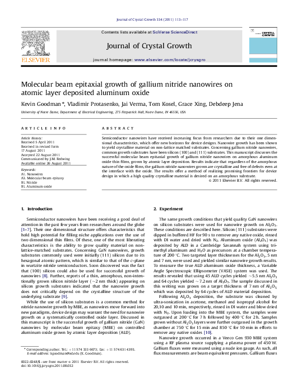 (PDF) Molecular beam epitaxial growth of gallium nitride nanowires on ...