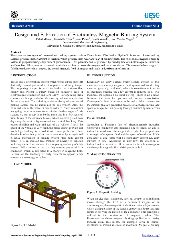 (PDF) Design and Fabrication of Frictionless Braking System