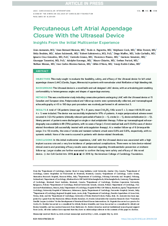 (PDF) Percutaneous Left Atrial Appendage Closure With the Ultraseal ...