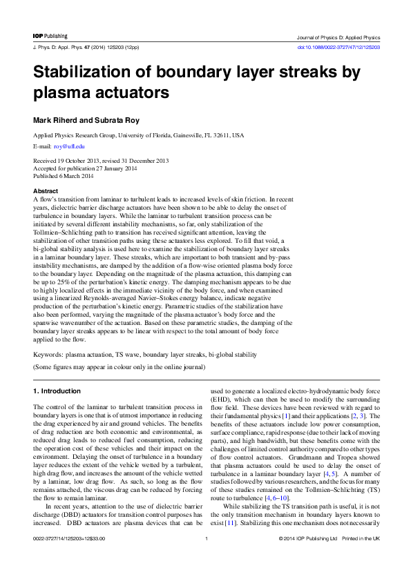 (PDF) Stabilization of boundary layer streaks by plasma actuators