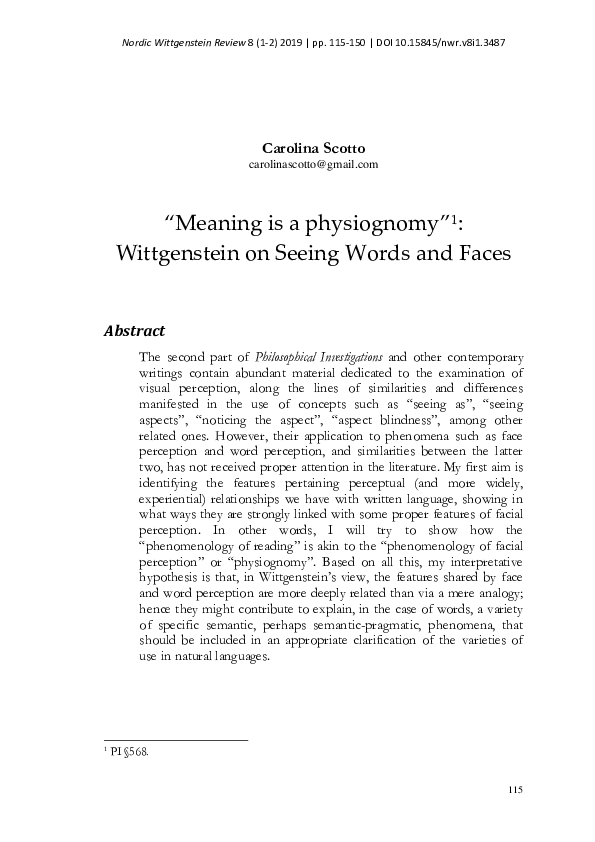 (PDF) “Meaning is a physiognomy”: Wittgenstein on Seeing Words and Faces