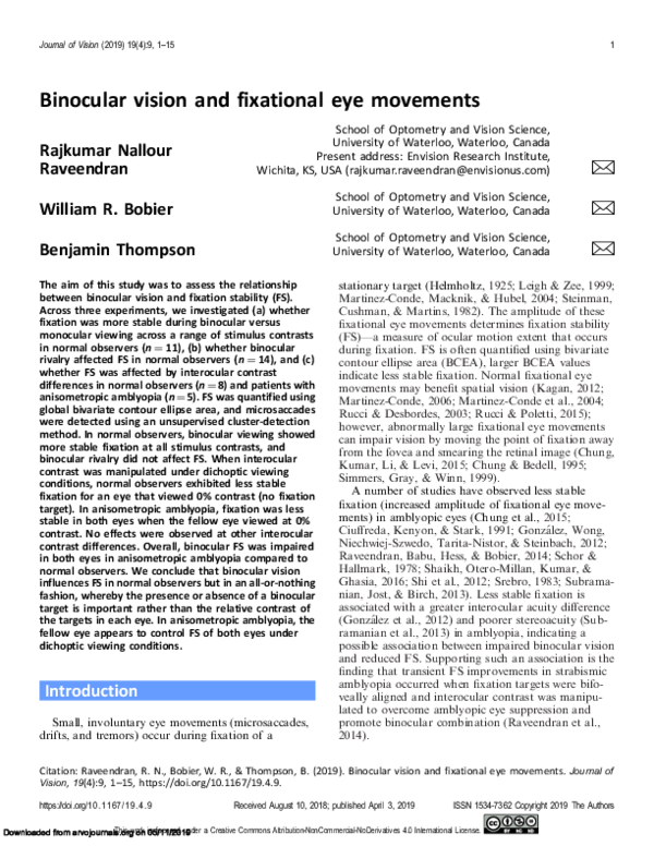 (PDF) Binocular vision and fixational eye movements William R Bobier