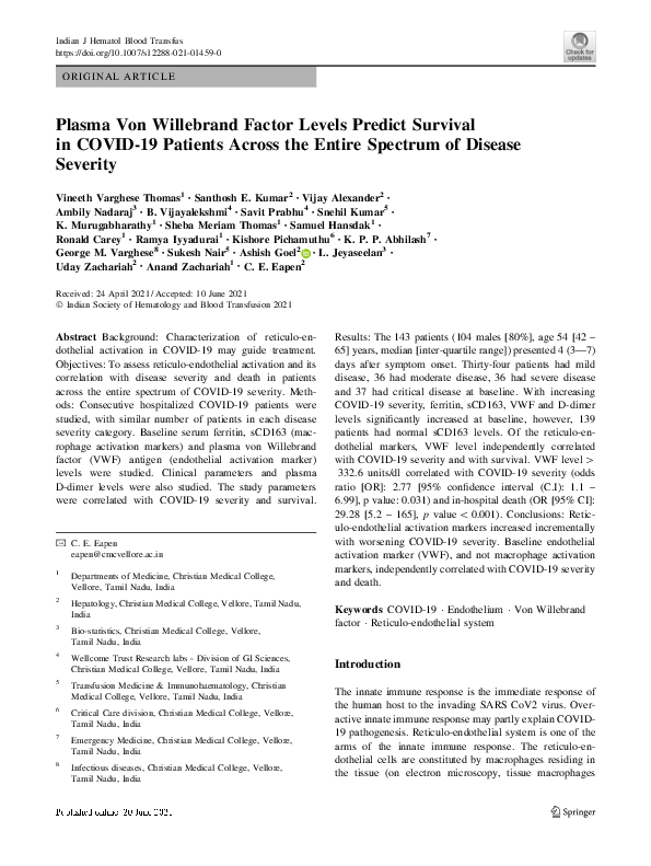 (PDF) Plasma Von Willebrand Factor Levels Predict Survival in COVID-19 ...