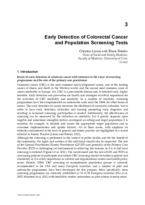 (PDF) 3 Early Detection of Colorectal Cancer and Population Screening Tests