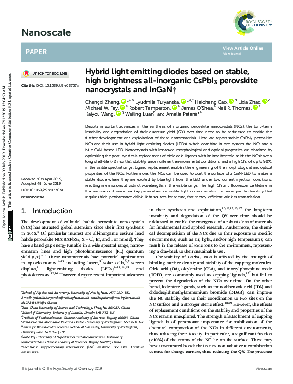 (PDF) Hybrid light emitting diodes based on stable, high brightness all ...