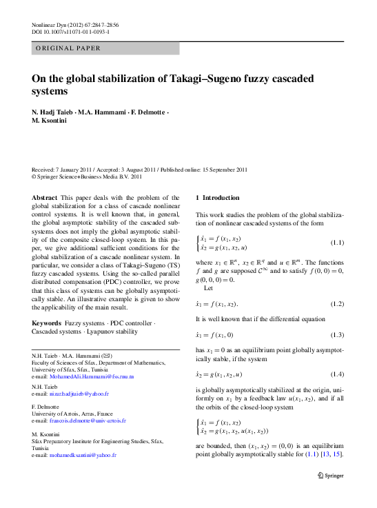 (PDF) On the global stabilization of Takagi–Sugeno fuzzy cascaded systems