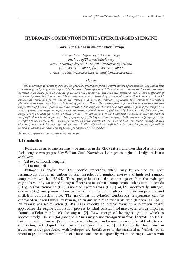(PDF) Hydrogen Combustion in the Supercharged Si Engine