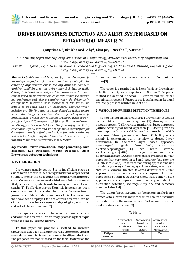 (PDF) Driver Drowsiness Detection and Alert System Based on Behavioural ...