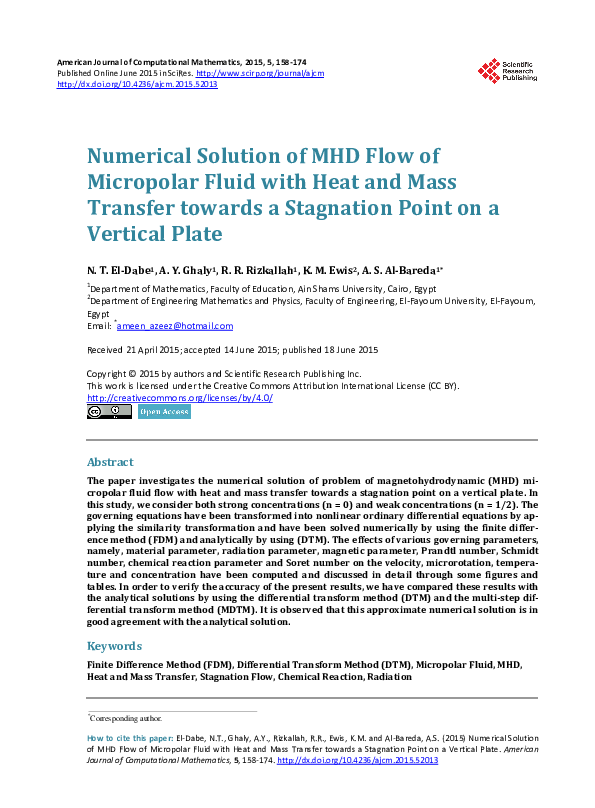 (PDF) Numerical Solution of MHD Flow of Micropolar Fluid with Heat and ...
