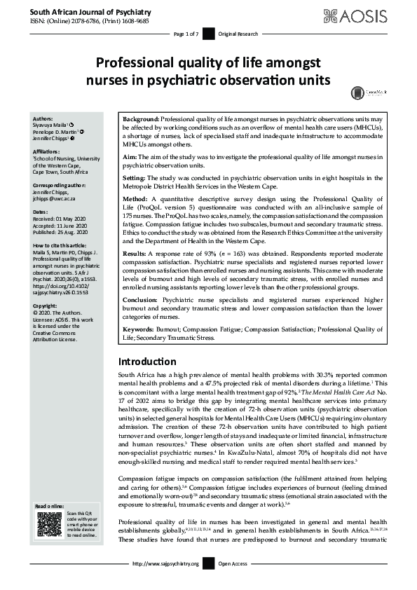 (PDF) Professional quality of life amongst nurses in psychiatric ...