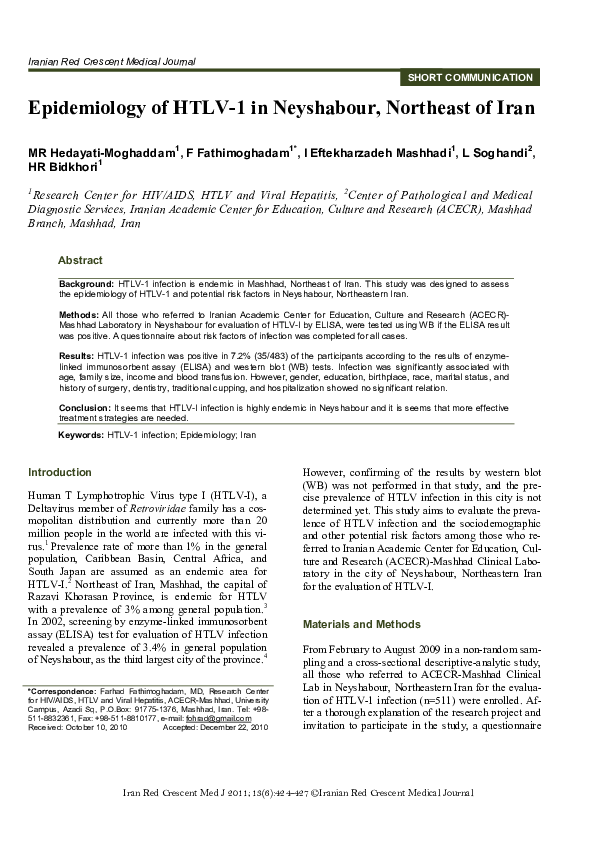 (PDF) Epidemiology of HTLV-1 in Neyshabour, Northeast of Iran