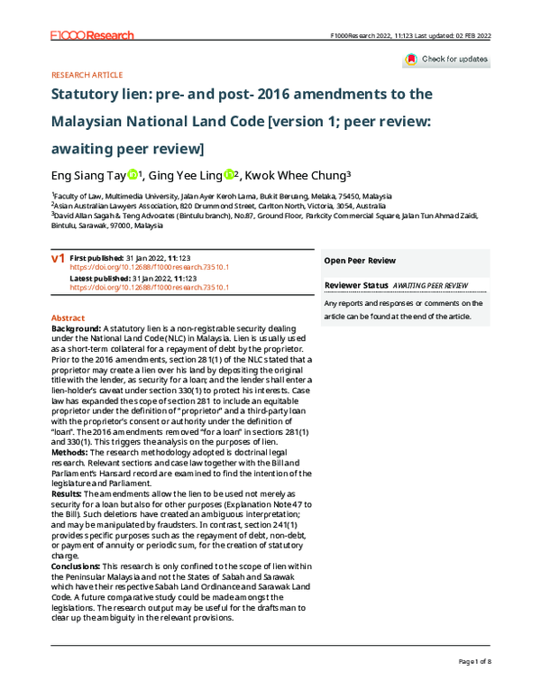 (PDF) Statutory lien: pre- and post- 2016 amendments to the Malaysian ...