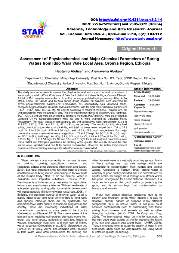 (PDF) Assessment of Physicochemical and Major Chemical Parameters of Spring