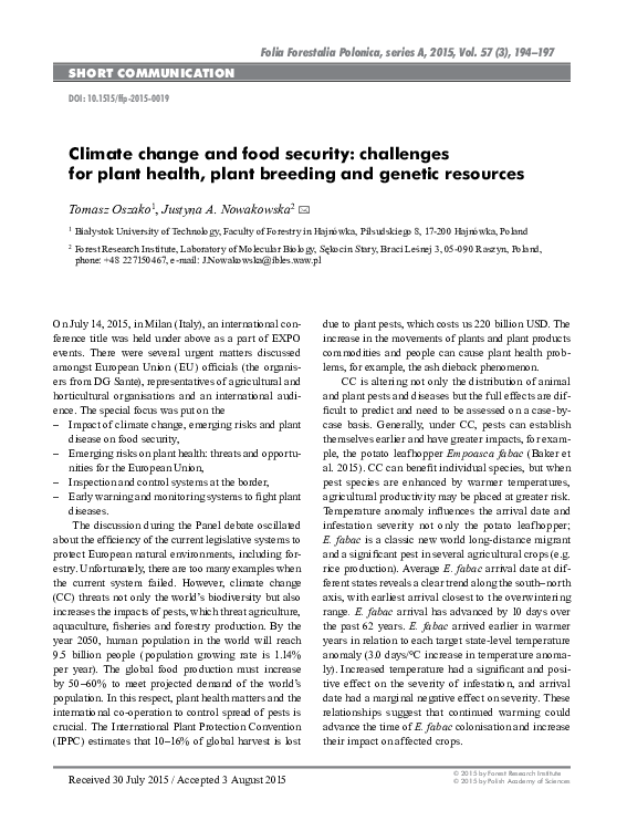 (PDF) Climate change and food security: challenges for plant health ...