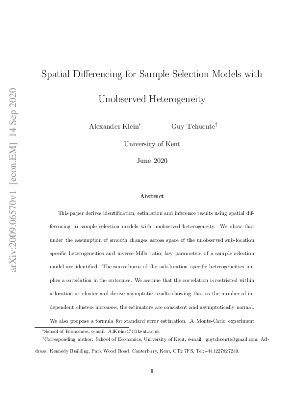 (PDF) Spatial Differencing for Sample Selection Models with Unobserved ...