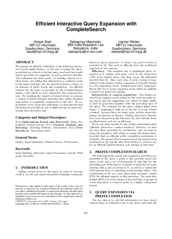 (PDF) Efficient interactive query expansion with complete search