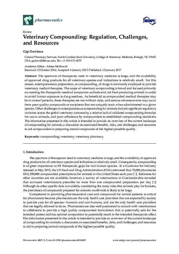 (PDF) Veterinary Compounding: Regulation, Challenges, and Resources
