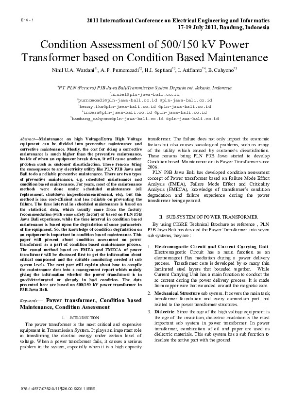 (PDF) Condition assessment of 500/150 kV power transformer based on ...