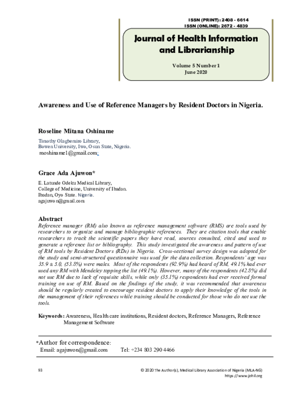  PDF Awareness And Use Of Reference Managers By Resident Doctors In 