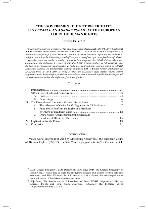 (PDF) The Government Did Not Refer to It' SAS V. France and Ordre