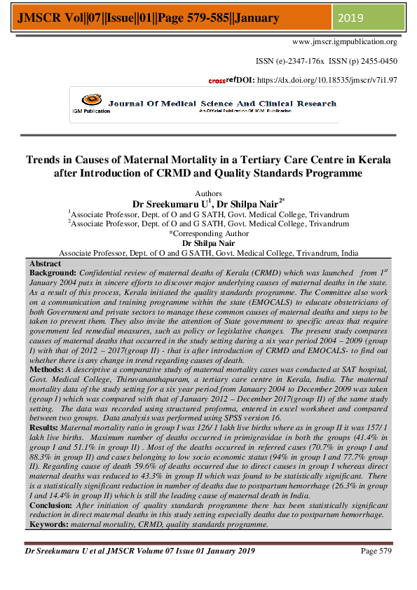 (PDF) Trends in Causes of Maternal Mortality in a Tertiary Care Centre ...