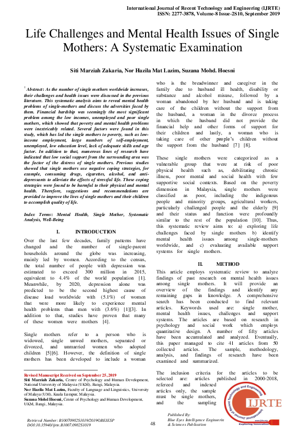 (PDF) Life Challenges and Mental Health Issues of Single Mothers: A ...