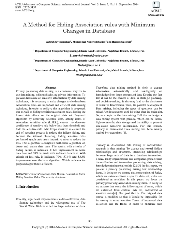 Pdf A Method For Hiding Association Rules With Minimum Changes In Database Mohammad Naderi Dehkordi Academia Edu