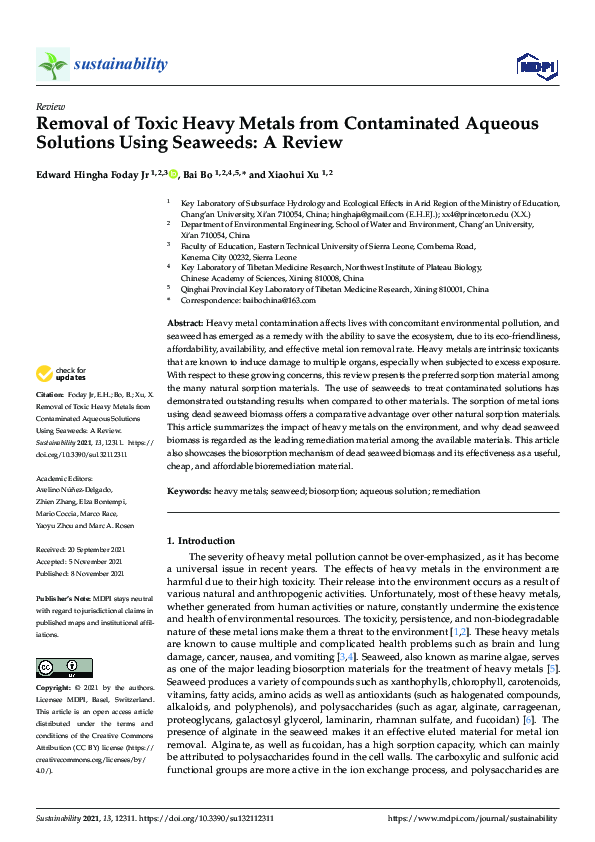 (PDF) Removal of Toxic Heavy Metals from Contaminated Aqueous Solutions ...