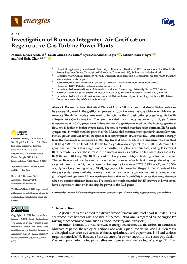 (PDF) Investigation of Biomass Integrated Air Gasification Regenerative ...