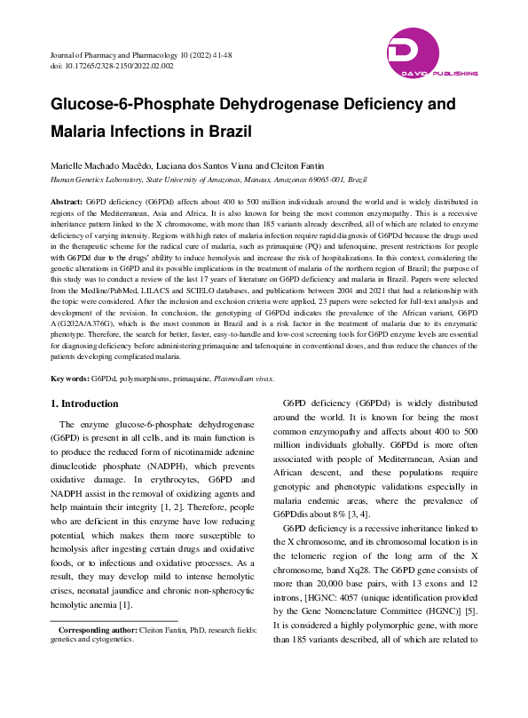 (PDF) Glucose-6-Phosphate Dehydrogenase Deficiency and Malaria ...