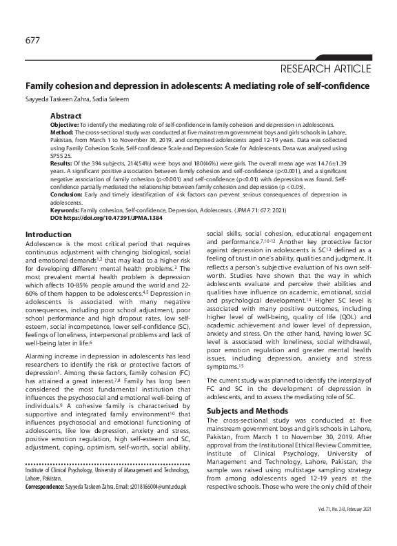 (PDF) Family cohesion and depression in adolescents: a mediating role ...
