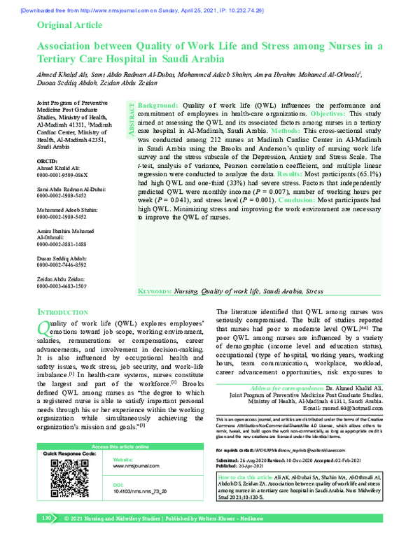 (PDF) Association between quality of work life and stress among nurses ...