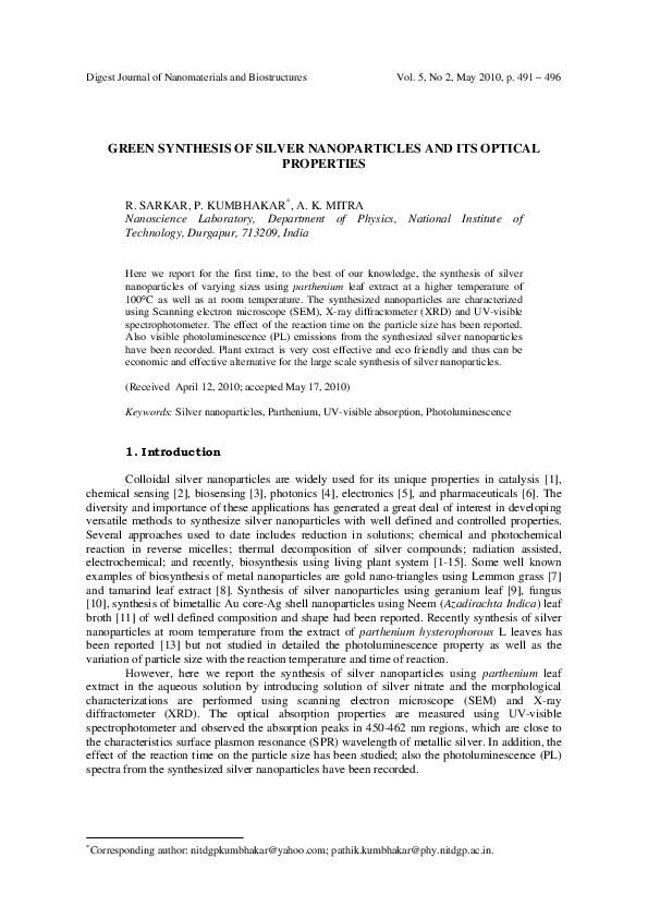 (PDF) Green synthesis of silver nanoparticles and its optical properties
