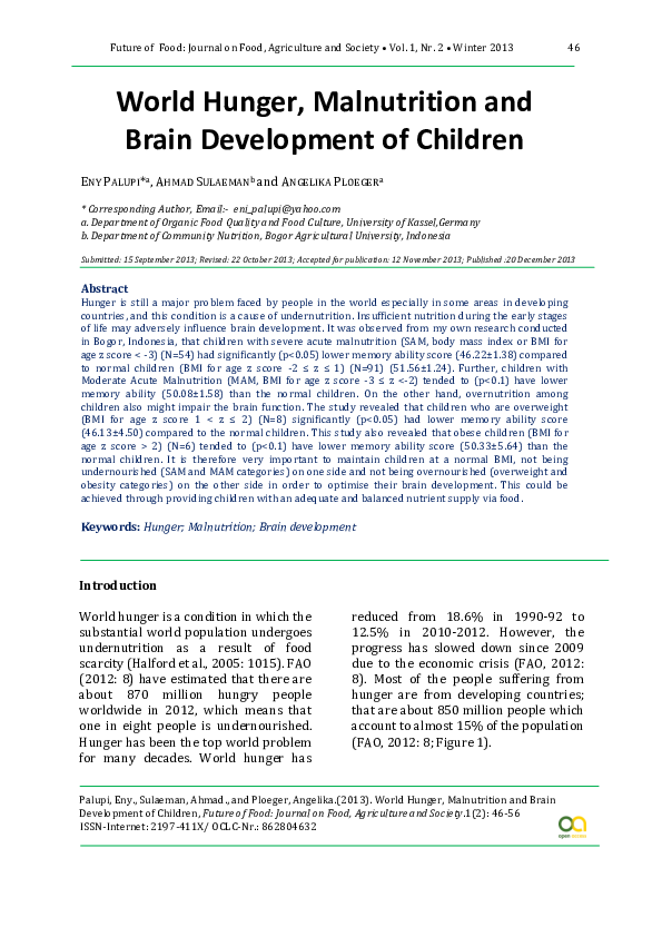 (PDF) World Hunger, Malnutrition and Brain Development of Children
