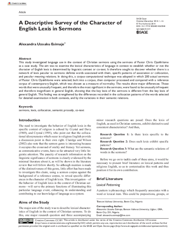 (PDF) A Descriptive Survey of the Character of English Lexis in Sermons