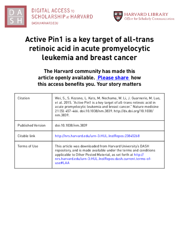 (PDF) Active Pin1 is a key target of all-trans retinoic acid in acute ...