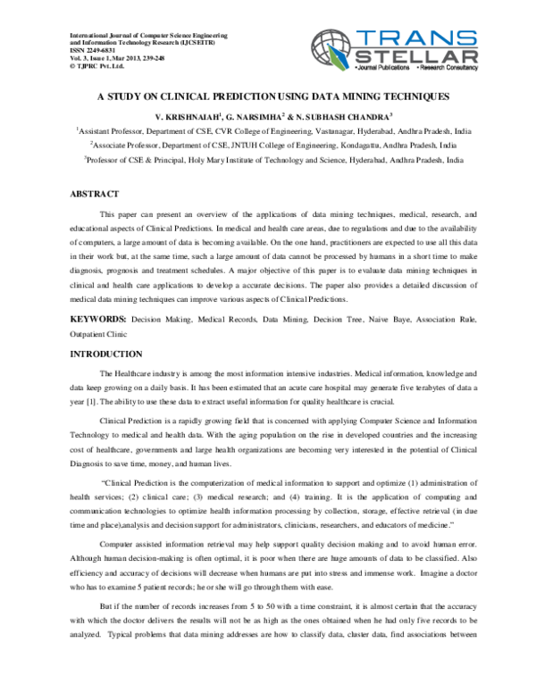 (PDF) A STUDY ON CLINICAL PREDICTION USING DATA MINING TECHNIQUES