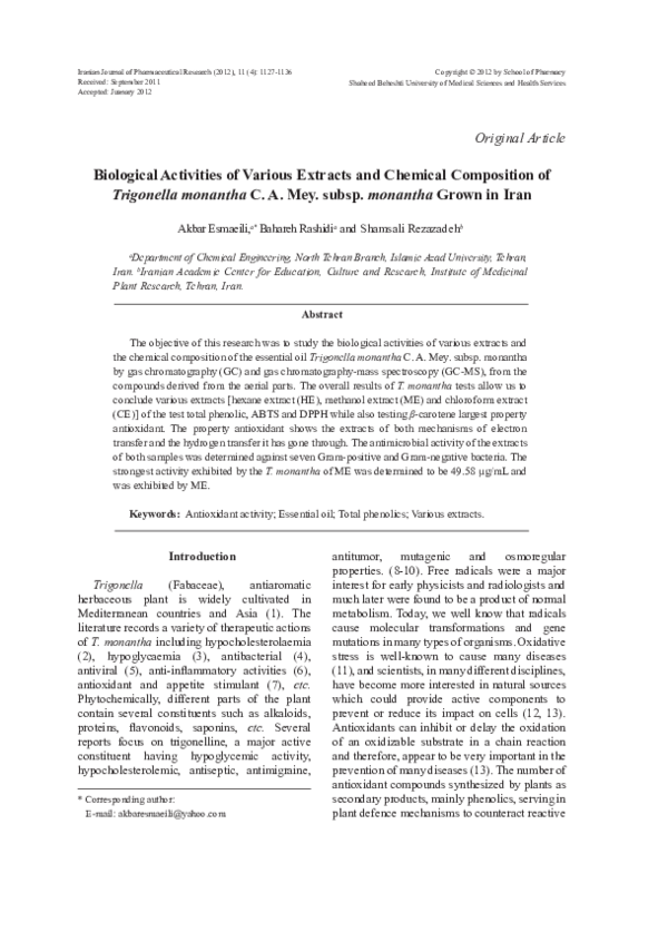 (PDF) Biological Activities of Various Extracts and Chemical