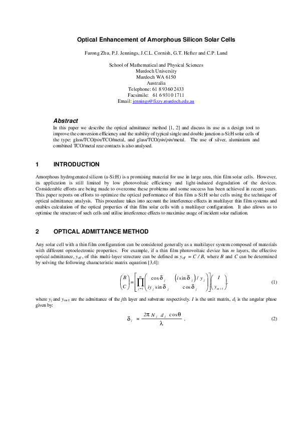 (PDF) Optical enhancement of amorphous silicon solar cells